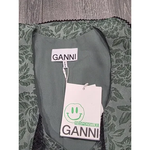 GANNI Organza Mini Dress Size 36 Myrtle Jacquard Balloon coquette fairy A004055 - Picture 7 of 13